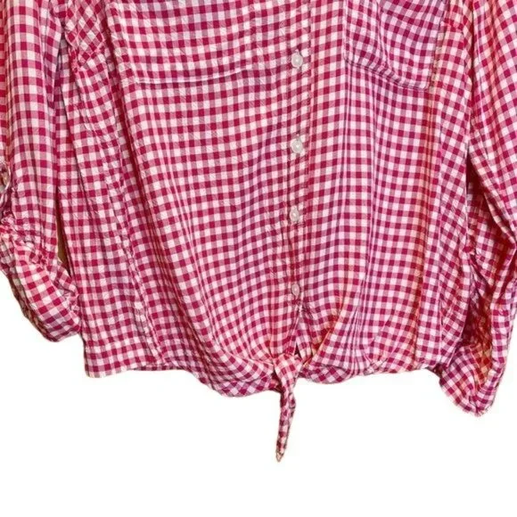 Jones New York Pink Baby Gingham V-Neck Button Up Tie Front Shirt Blouse Medium - Picture 3 of 6